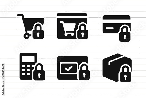 Collection of web icons depicting secure shopping elements for online transactions and e-commerce activities