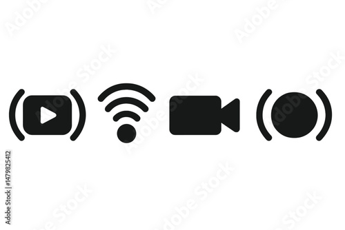 Set of modern web icons representing multimedia functions including video, connectivity, and recording features for web applications