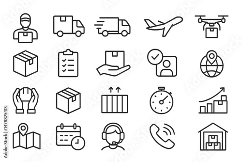 Set of web icons representing delivery, logistics, and communication services for online businesses