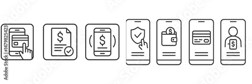 Set of web icons representing online payment processes and transactions across different devices