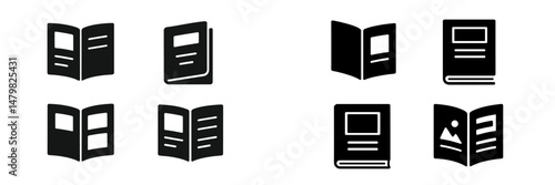 Collection of web icons depicting open book designs for digital applications, showcasing various styles and formats