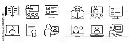 Collection of educational web icons representing various learning activities and tools for online education platforms