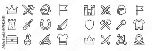 Collection of web icons showcasing medieval themes, including knights, castles, and weaponry