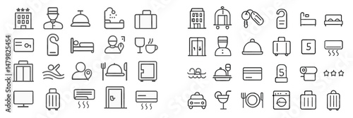 Set of minimalist web icons representing hospitality, travel, and service-related activities in a simple design