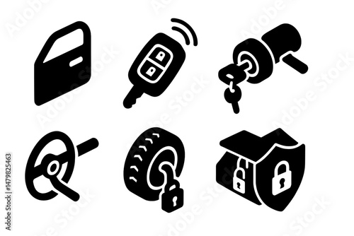 Collection of web icons representing security features like car keys, locks, and vehicle components in a minimalist style