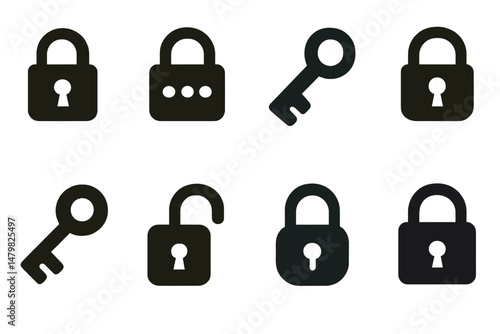 Collection of web icons featuring locks and keys in various designs for digital security representation
