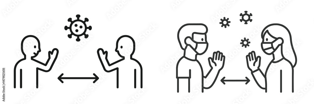 Web icons illustrating social distancing and mask usage during a pandemic situation Web icons illustrating social distancing and mask usage during a pandemic situation
