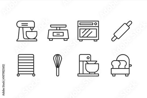 Set of simple kitchen web icons representing essential baking tools and equipment for home cooks and chefs