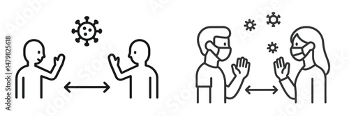 Web icons illustrating social distancing and mask usage during a pandemic situation
