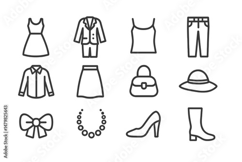 Collection of minimalist web icons depicting various clothing and fashion accessories arranged in a grid format