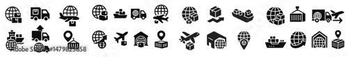 Collection of transport and logistics web icons depicting global shipping activities and services