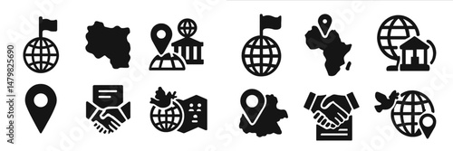 Collection of web icons depicting global connections, locations, and partnerships in various activities and contexts