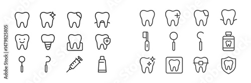 Set of outline dental icons representing various oral health tools and treatments for patient care and hygiene
