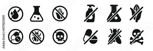 Set of web icons representing safety and caution regarding various substances and chemicals in a clear, minimalistic design