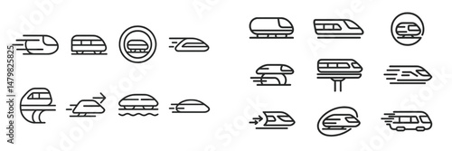 Collection of sleek web icons representing various modes of transportation with a focus on trains and high-speed travel