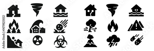 Set of disaster-themed web icons depicting various natural hazards and emergency situations for online use