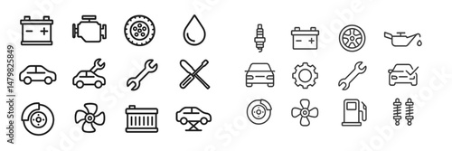 Collection of automotive web icons representing car maintenance and repair services