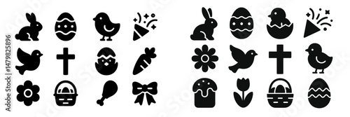 Set of diverse web icons featuring Easter symbols, animals, and festive elements for digital design and decoration