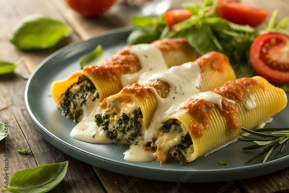 Delicious Spinach and Ricotta Stuffed Cannelloni with Tomato Sauce and Creamy White Sauce Delicious Spinach and Ricotta Stuffed Cannelloni with Tomato Sauce and Creamy White Sauce