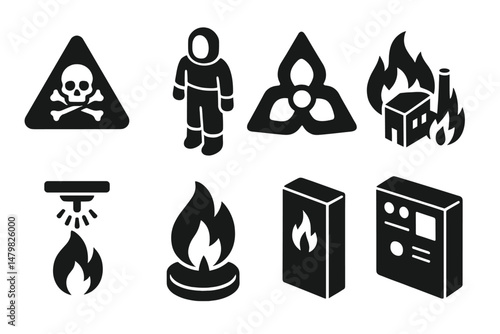 Collection of web icons representing safety hazards, fire equipment, and emergency response