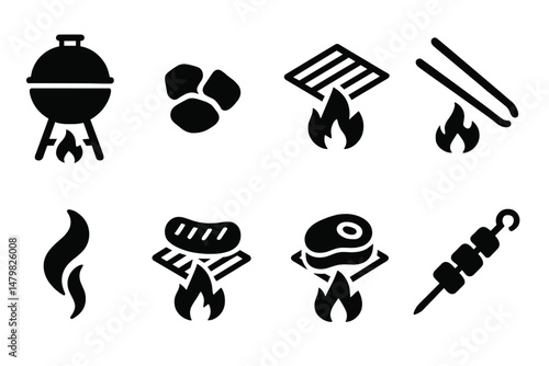 Set of web icons depicting barbecue and grilling elements for food-related applications