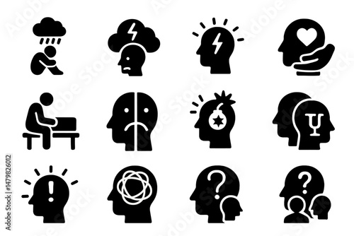 Collection of web icons representing various emotions, mental states, and concepts relevant to psychology and wellbeing