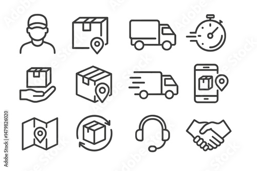 Collection of web icons representing delivery services and logistics tasks for efficient package management and tracking