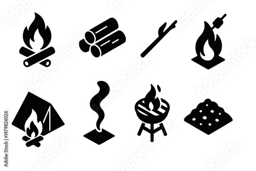 Set of various web icons depicting fire-related elements including logs, campfire, smoke, and grilling activities