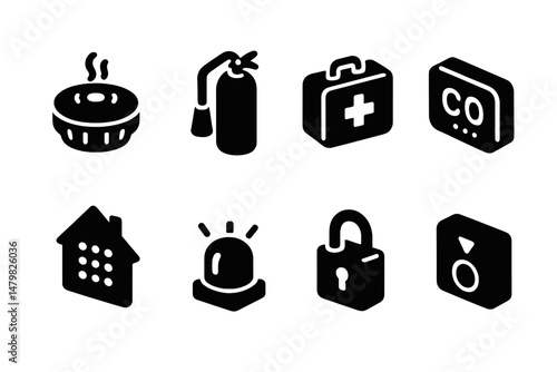 Collection of web icons featuring safety, emergency, and household symbols for digital use