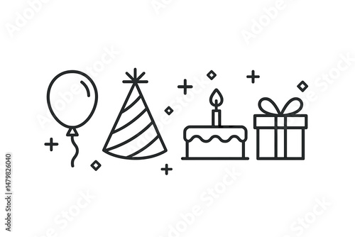 Celebrate special occasions with a collection of festive web icons illustrating balloons, party hats, cakes, and gifts