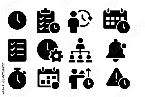 Collection of web icons representing time management and organization tools for productivity enhancement