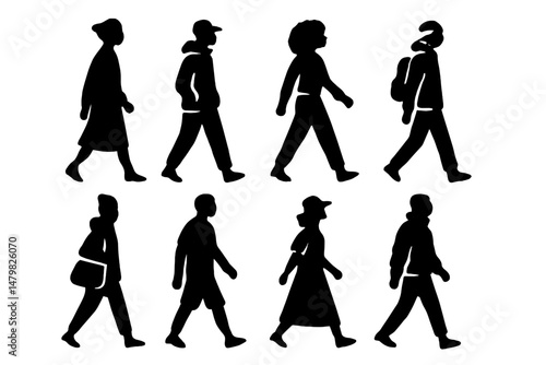 Silhouettes of diverse individuals walking in an urban setting with varying clothing styles and accessories