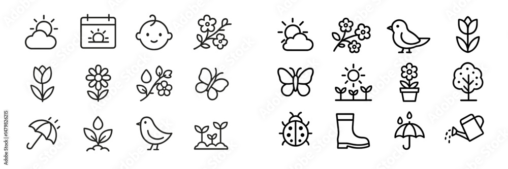 Fototapeta premium Collection of minimal line web icons representing nature, seasons, and outdoor activities for user interface design