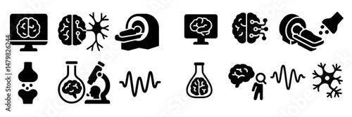 Collection of web icons representing neuroscience concepts, research tools, and brain activity