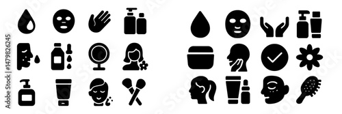 Collection of web icons representing skin care, beauty tools, and personal grooming activities