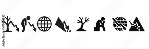 Collection of web icons depicting environmental issues and human impacts on nature