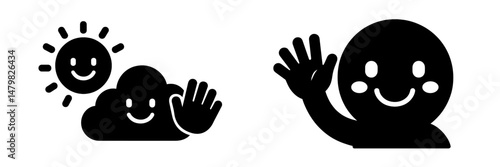 Set of cheerful web icons featuring a sun, cloud, and a smiling character waving