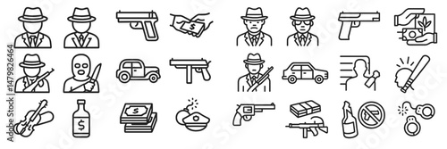 Collection of web icons featuring crime, detective themes, and illicit activities presented in minimalistic line art style
