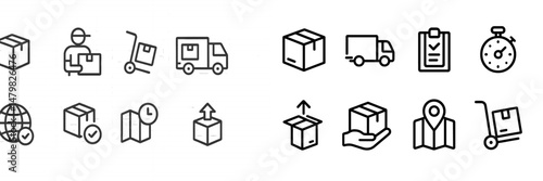 Collection of web icons representing logistics, shipping, and delivery activities for digital use