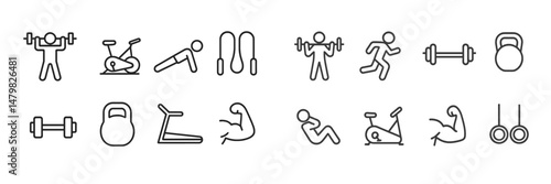 Set of fitness web icons featuring various gym activities and workout equipment for digital design use