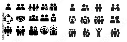 Collection of diverse web icons representing social interactions and relationships among people in various situations for online use