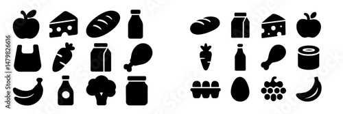 Stylized set of web icons representing various food items and groceries for digital use in modern applications
