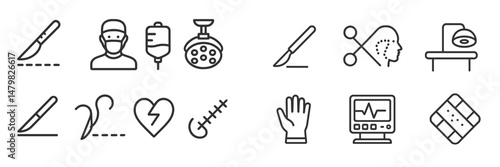 Collection of medical web icons depicting surgical tools, healthcare professionals, and patient care technology