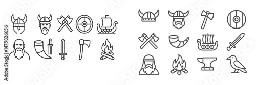 Set of diverse web icons representing Viking culture featuring helmets, ships, weapons, and mythological symbols
