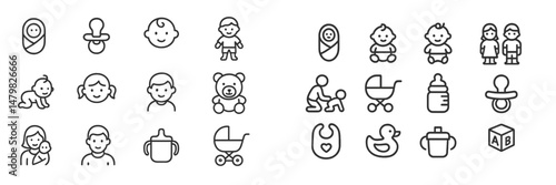 Collection of web icons representing various aspects of childhood and parenting in a modern design style