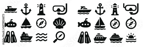 Set of marine-themed web icons featuring boats, anchors, and snorkeling equipment for various digital applications