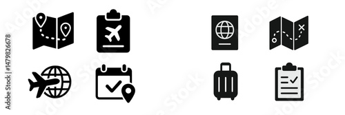 Collection of travel-related web icons designed for digital platforms and applications focused on planning and tourism