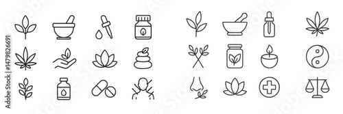 Collection of web icons representing natural health, herbal remedies, and wellness concepts in minimalist design