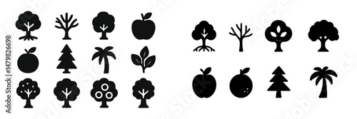 Collection of diverse web icons depicting various tree and plant designs suitable for user interface enhancement