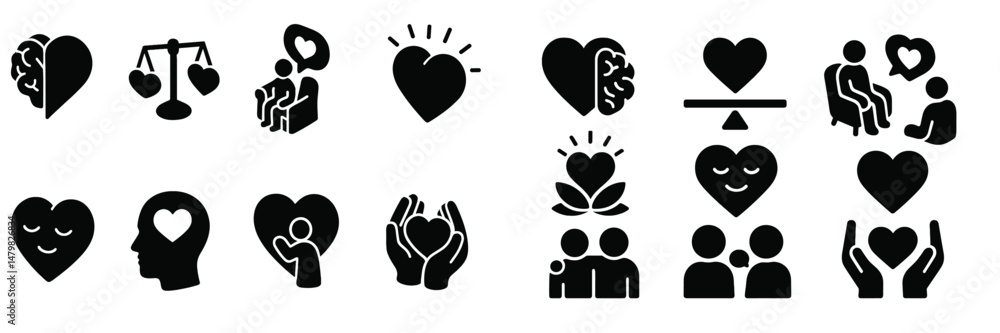 Set of web icons illustrating mental health, love, and emotional connections between people Set of web icons illustrating mental health, love, and emotional connections between people